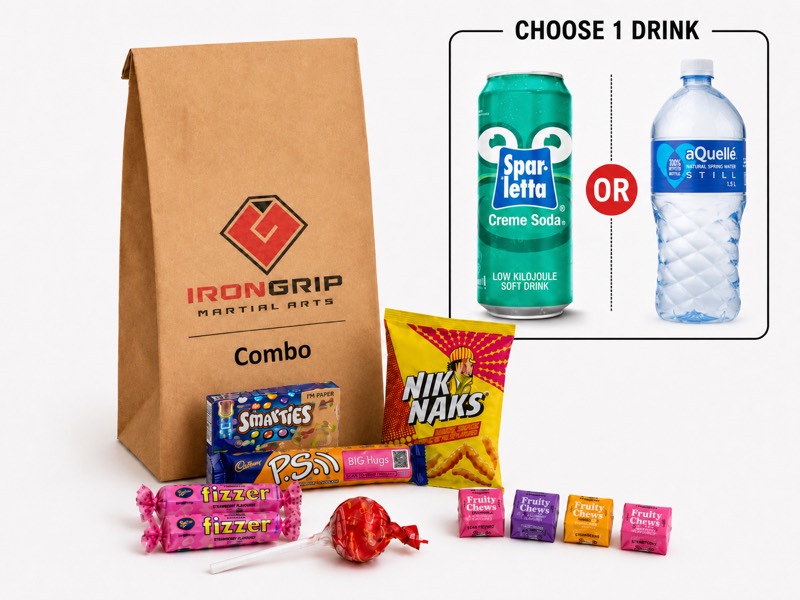 Combo Party Pack: the same treats as the Standard Pack plus one drink, either a can of Sparletta Creme Soda or a 1.5 litre bottle of aQuellé still water, chosen on the day.